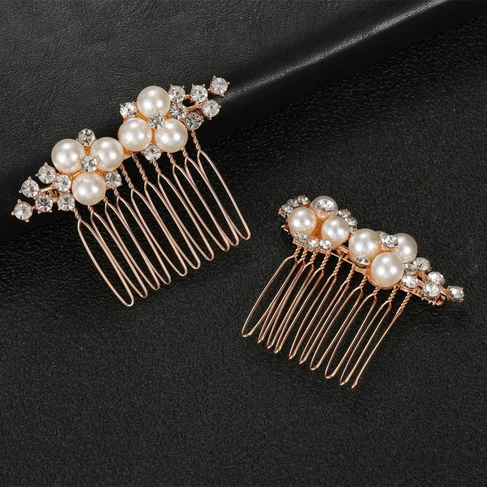 Anthropologie 2 pcs Rose Gold Pearl & Crystal Hair Combs - Set of 2